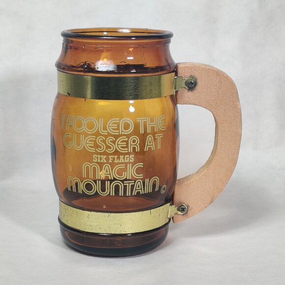 Vintage Six Flags Magic Mountain Mug I Fooled the Guesser Amber Glass Barrel - Picture 1 of 11